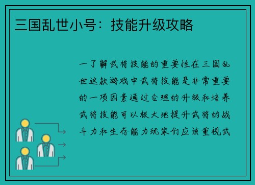 三国乱世小号：技能升级攻略